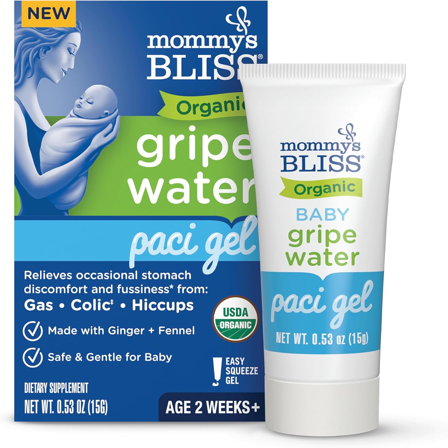 Mommy's Bliss Organic Gripe Water Pacifier Gel for Newborns, Relieves Occasional Stomach Discomfort from Gas, Colic & Fussiness*, Age 2 Weeks +, 0.53 Oz (45 Servings)