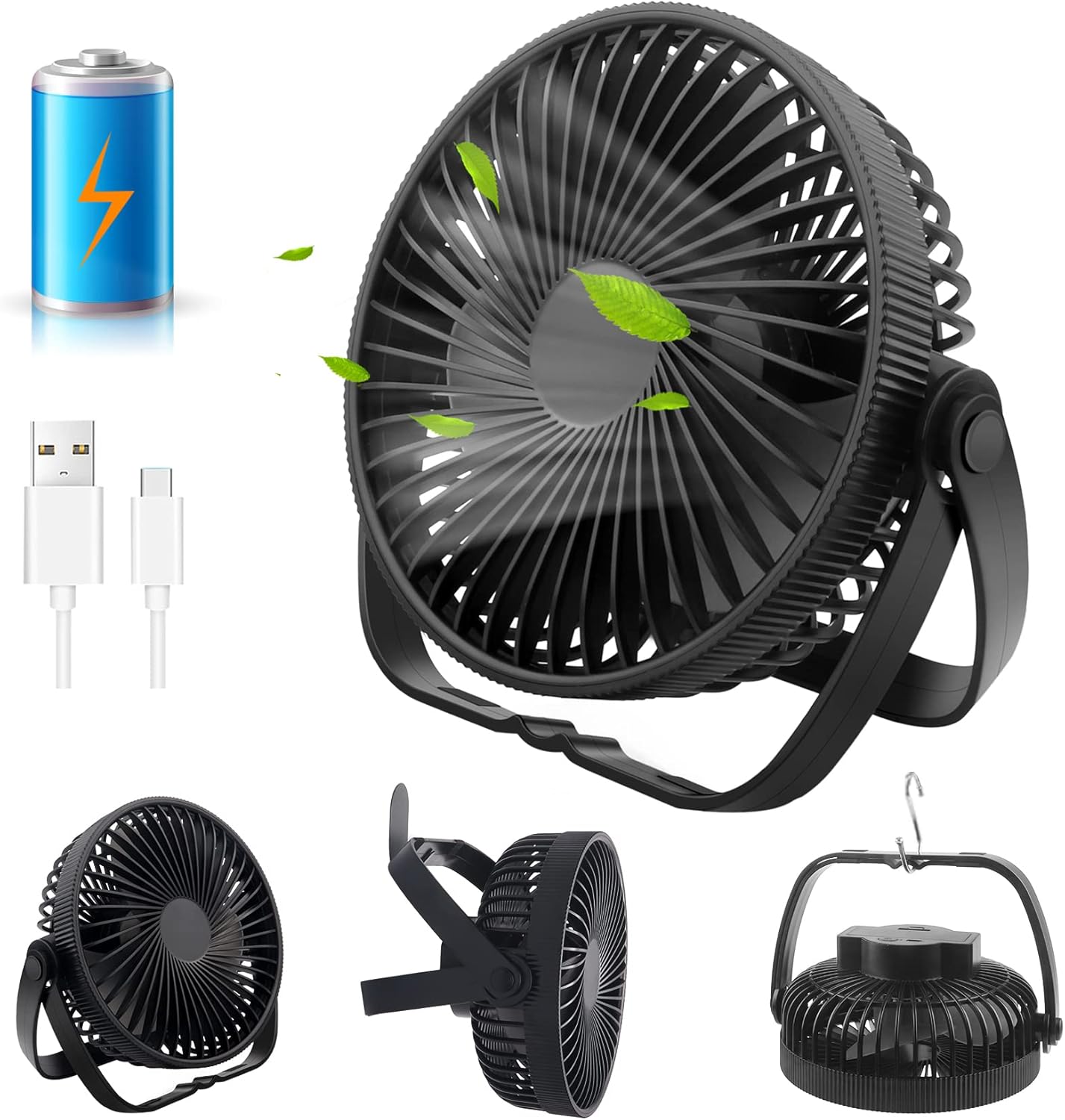 Desk Fan USB Rechargeable Battery Powered Silent and Powerful 3 In 1, Small Table Fan 6.5 inch Portable 3 Speeds 360° Adjustable, Desktop Fans Cooling Quiet for Bedroom Home Office Camping Travel