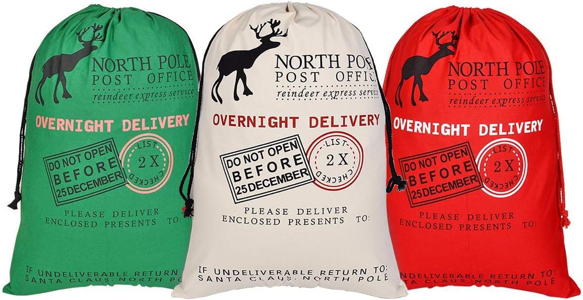 3 Pcs Large Santa Sacks Christmas Canvas Bag with Drawstrings, Extra Large Reusable Santa Sack for Gifts, Christmas Halloween Thanksgiving New Year Party Supplies - Size 27.5 x19.5 Inch