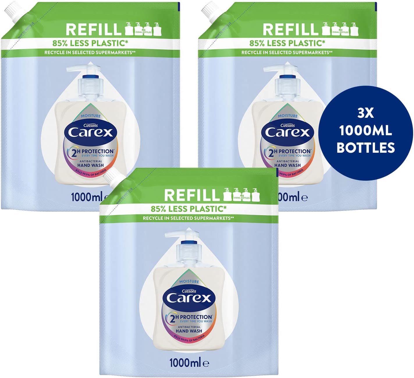 Carex 2 Hour Protection Antibacterial Moisture Hand Wash Refills, Liquid Hand Soap Eco Refill for Homes & Businesses, Caring Hand Wash, Bulk Buy, Pack of 3 x 1 litre