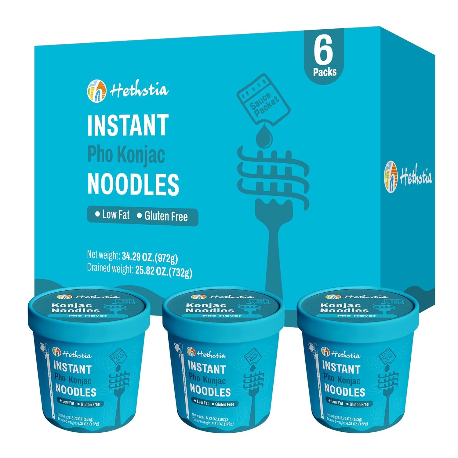 Hethstia Konjac Noodle Soup Cups Pho Flavor, 6 Packs, Gluten-Free, Sugar-Free, Fat-Free, Low-Carb, Low-Calorie, Keto & Vegan Instant Shirataki Noodles, Healthy Asian Ramen, Quick Meal, Gift-Ready