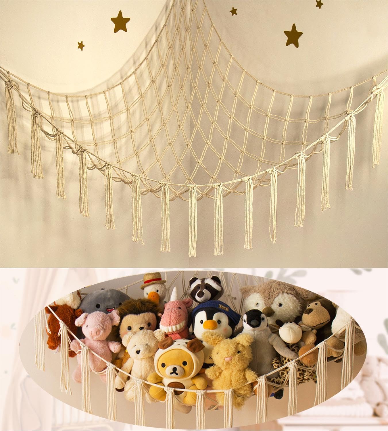 Stuffed Animal Storage Hammock - Baby Toy Hammock Net for Stuffed Animals Cute Room Decor -Large Stuff Animal Organizer Holder for Plush Plushie - Kids Nursery Beige Bedroom Home Decor