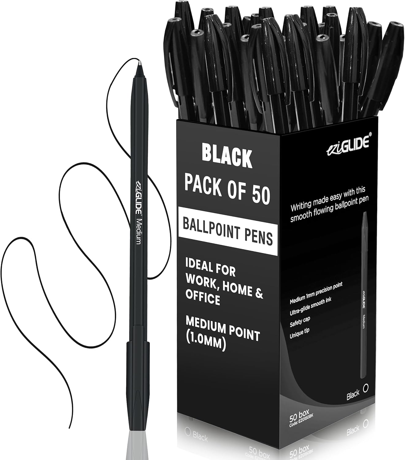 Eziglide Ballpoint Pens Black Ink 50-Pack – Black Biro Pens Multipack with Medium Point (1.0mm) for Effortless, Smooth Handwriting & Consistent Flow – Black Pens for School, Home, Office Supplies