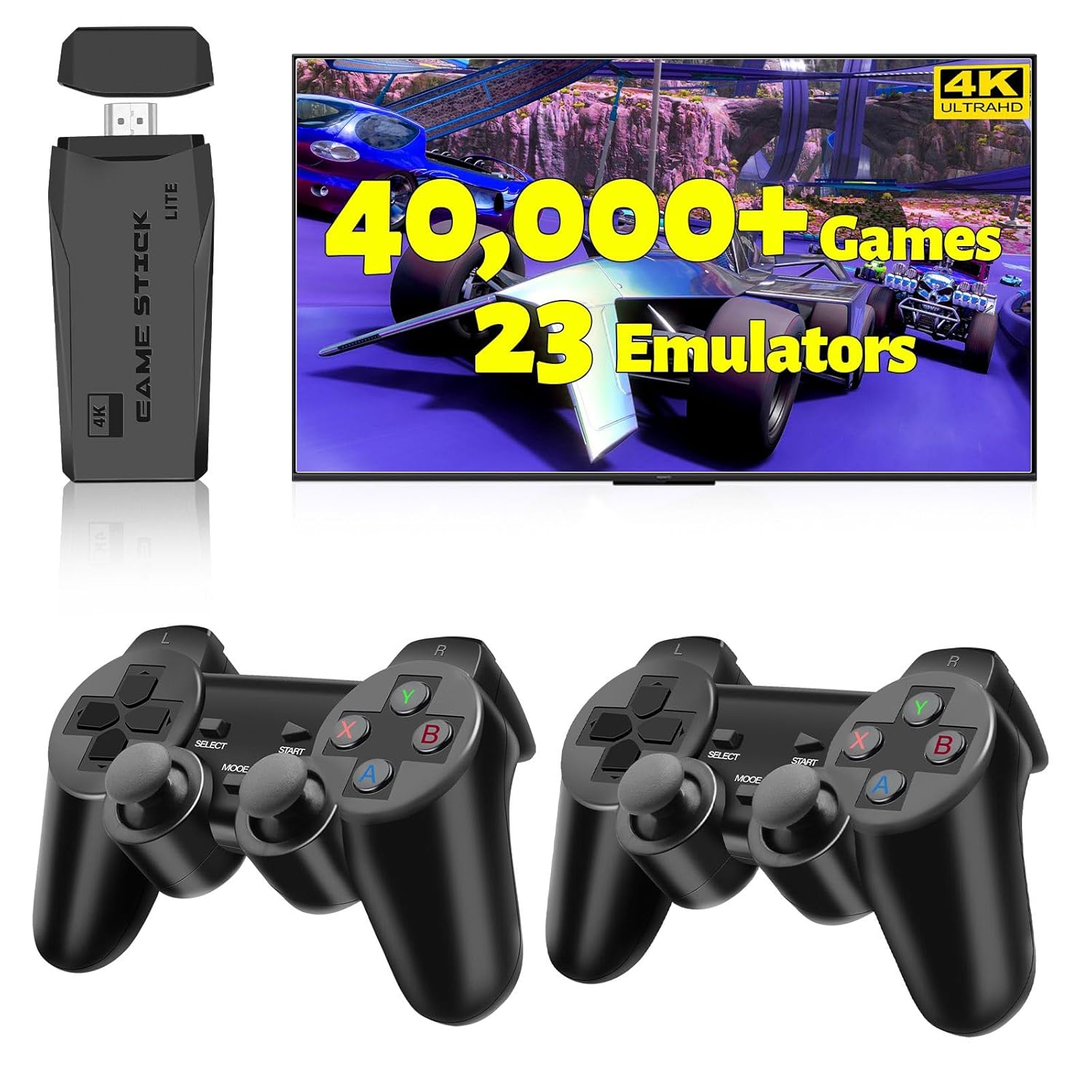 HRYYDS 2025 Retro Gaming Console Pro 4K HDMI with 40,000+ Built-in Classic Video Games - Plug & Play Game Stick for TV with 2 Wireless Controllers | 23 Emulator Support 64GB