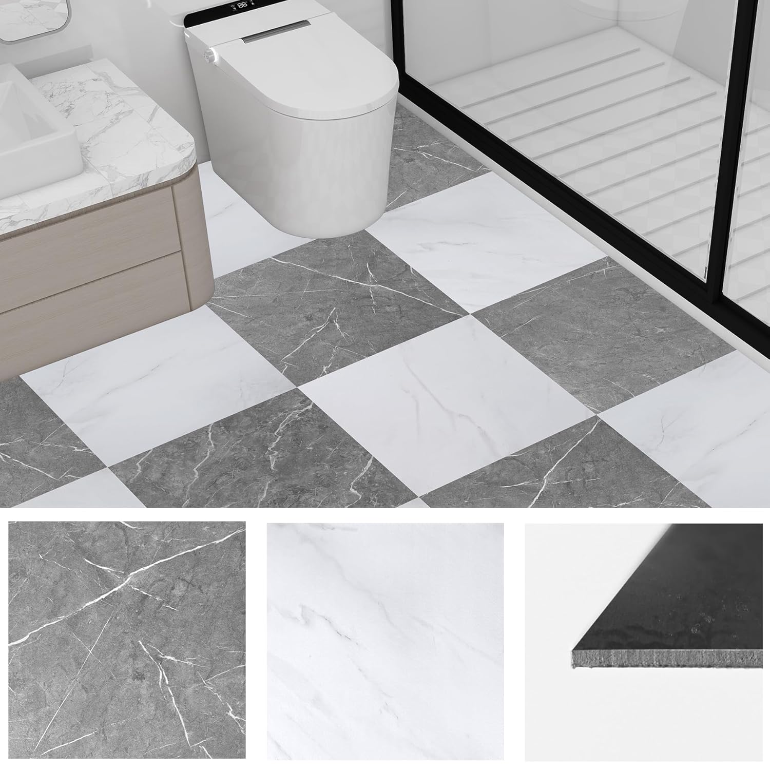 30-Pack 12x12 Inch Peel and Stick Vinyl Floor Tiles, Self Adhesive Waterproof Flooring Planks for Kitchen, Dining Room,Bathroom,Vestibule, Cover 30 Sq. Ft(Grey/White Marble,15 Tiles Per Color)