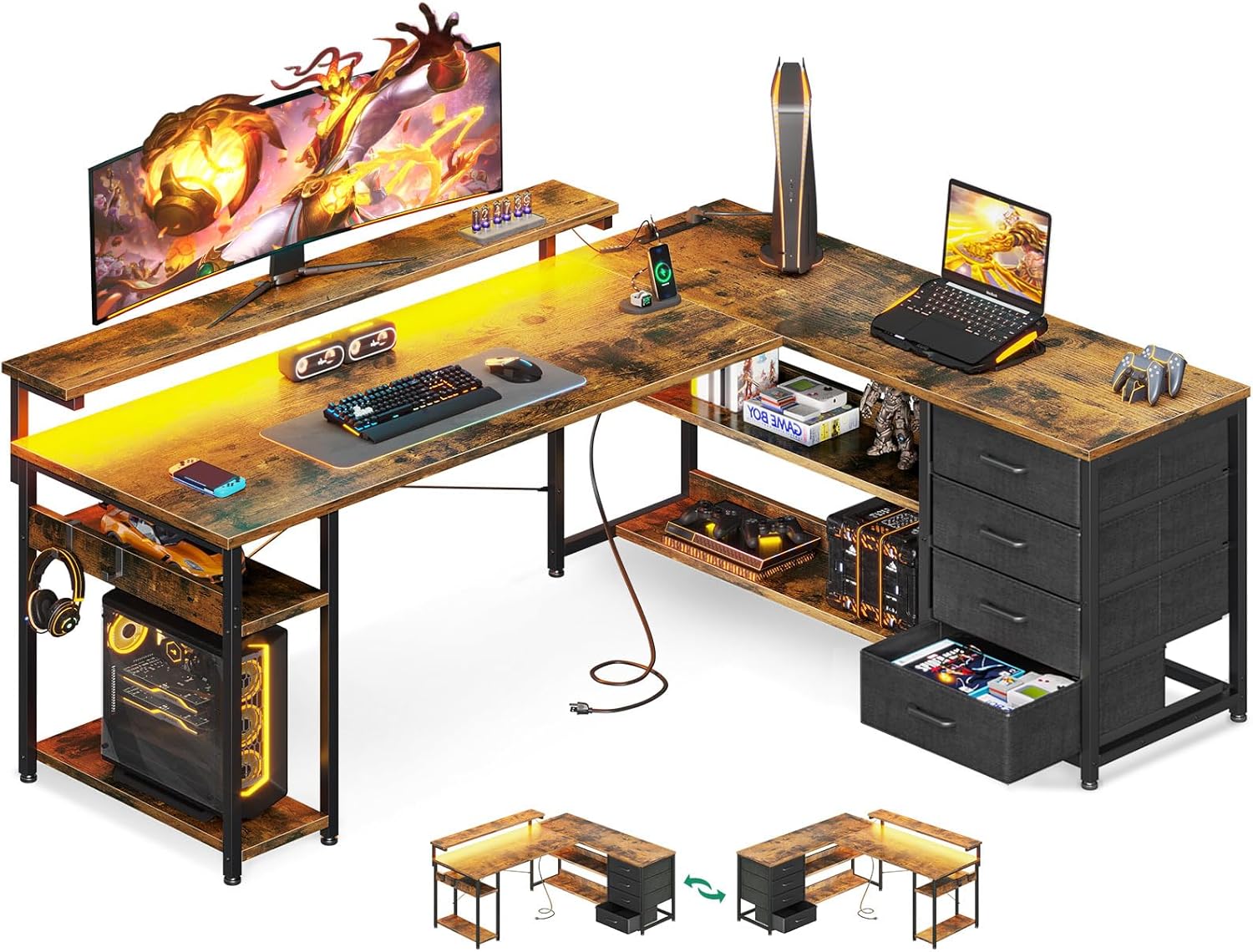 AODK 61" L Shaped Desk with Drawer, Computer Desk with Power Outlets & LED Lights, Reversible Corner Gaming Desks for Home Office Workstation, Office Table with Monitor Shelf, Vintage