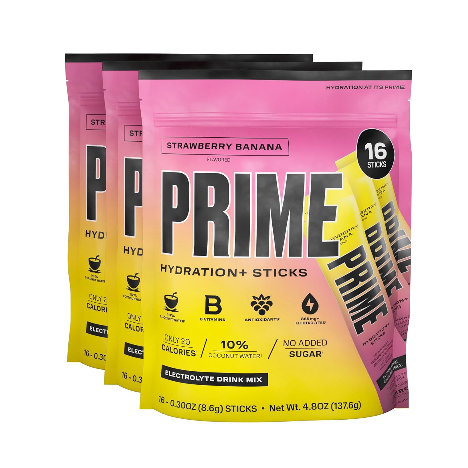 PRIME HYDRATION+ Sticks STRAWBERRY BANANA Hydration Powder Single Serve Sticks, Electrolyte Powder On The Go, Low Sugar, Caffeine-Free, Vegan, 48 Count