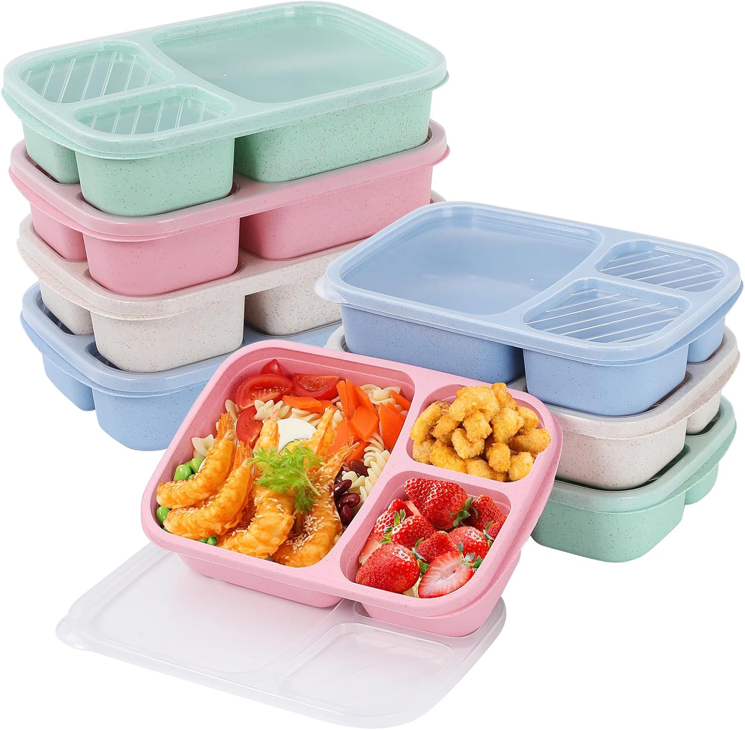 8 Pack Bento Lunch Box Set 3 Compartment Wheat Straw Meal Prep Food Storage Containers Plastic, Microwave and Dishwasher Safe(light colour)