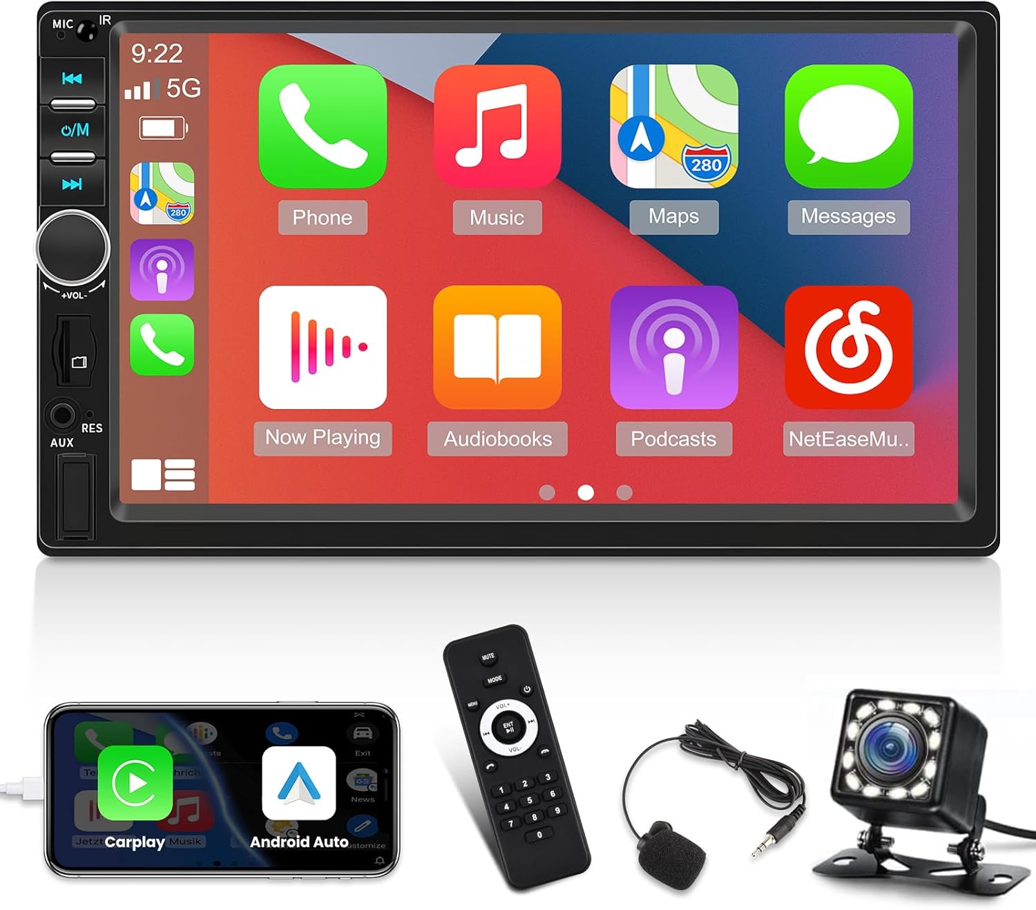 7 inch Double Din CarPlay Car Stereo with Car Play and Android Auto, 7inch Touch Screen Radio with Mirror Link/SWC/Bluetooth/FM Radio + Reverse Camera