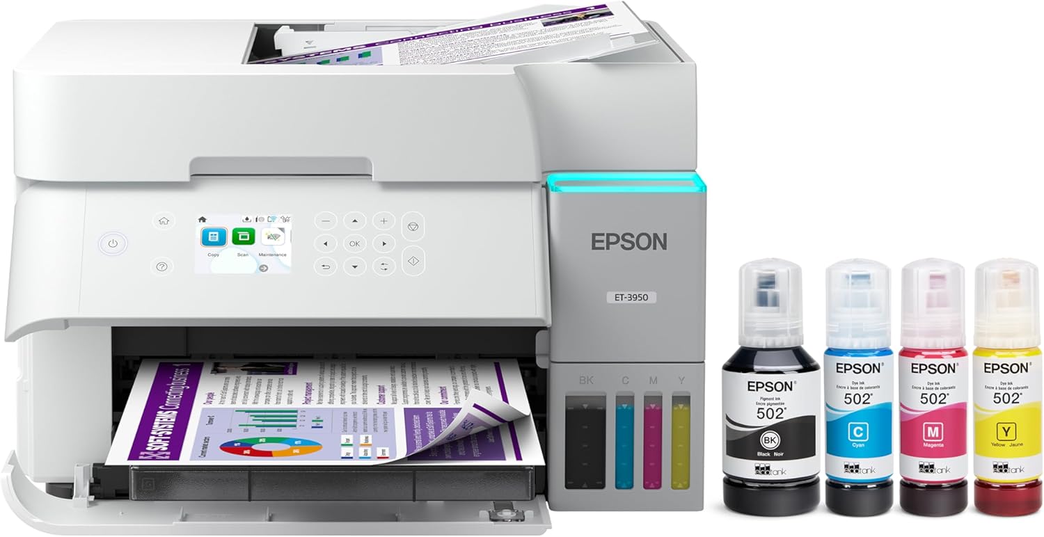 Epson EcoTank ET-3950 Wireless All-in-One Color Supertank Printer with up to 3 Years of Ink, Refillable Tanks, Perfect for Home Office, 18 PPM, 2.4" Color Screen, Auto Document Feeder – White