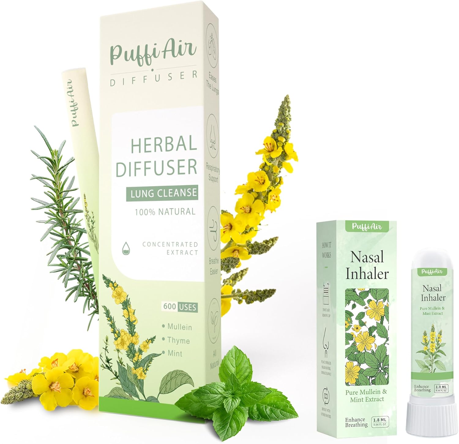 Herbal Diffuser Pen with Extracts of Mullein/Thyme/Mint 600 Uses and Nasal Stick Pure Mullein & Mint Extract丨 Boost Focus, Reduce Fatigue & Stuffy Noses Instant Refreshment, comes with nasal aspirator