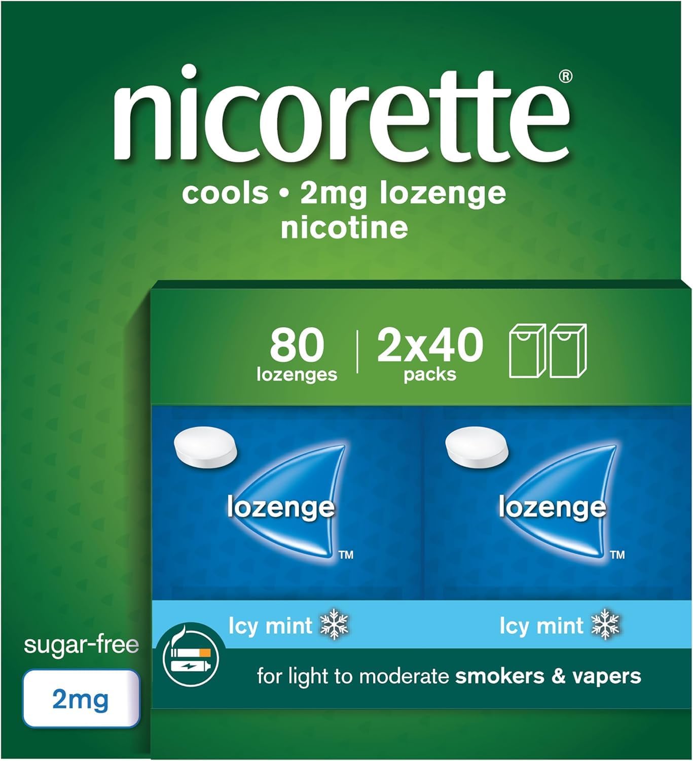 Nicorette Cools 2mg Lozenge, 80 Lozenges (2 x 40 Packs), Effective and Discreet Quit Smoking Aid for Cigarettes, Nicotine Lozenges with Dual-Layer Icy Mint Flavour Release