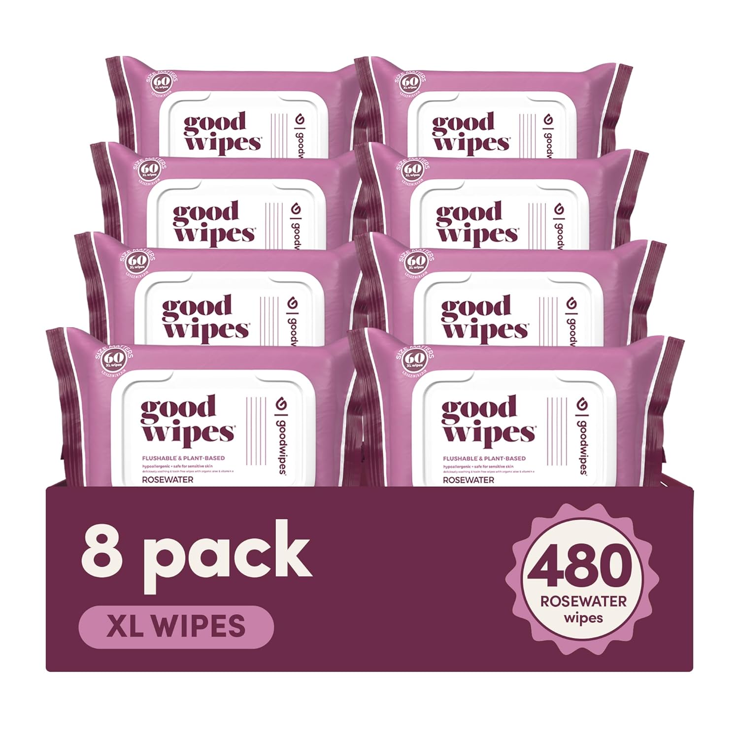 Goodwipes Flushable Butt Wipes Made with Vitamin E & Aloe - Soft & Gentle Wet Wipe Dispenser for Home Use, Septic & Sewer Safe - Largest Adult Toilet Towelettes - Rosewater, 480 Count (8 Packs)