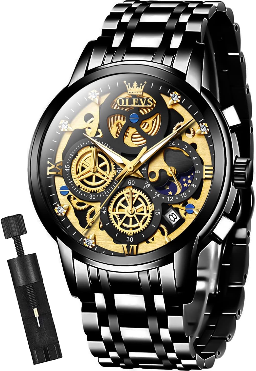 OLEVS Mens Watch Chronograph Luxury Diamond Dress Business Analog Quartz Wrist Watches Stainless Steel Waterproof Luminous