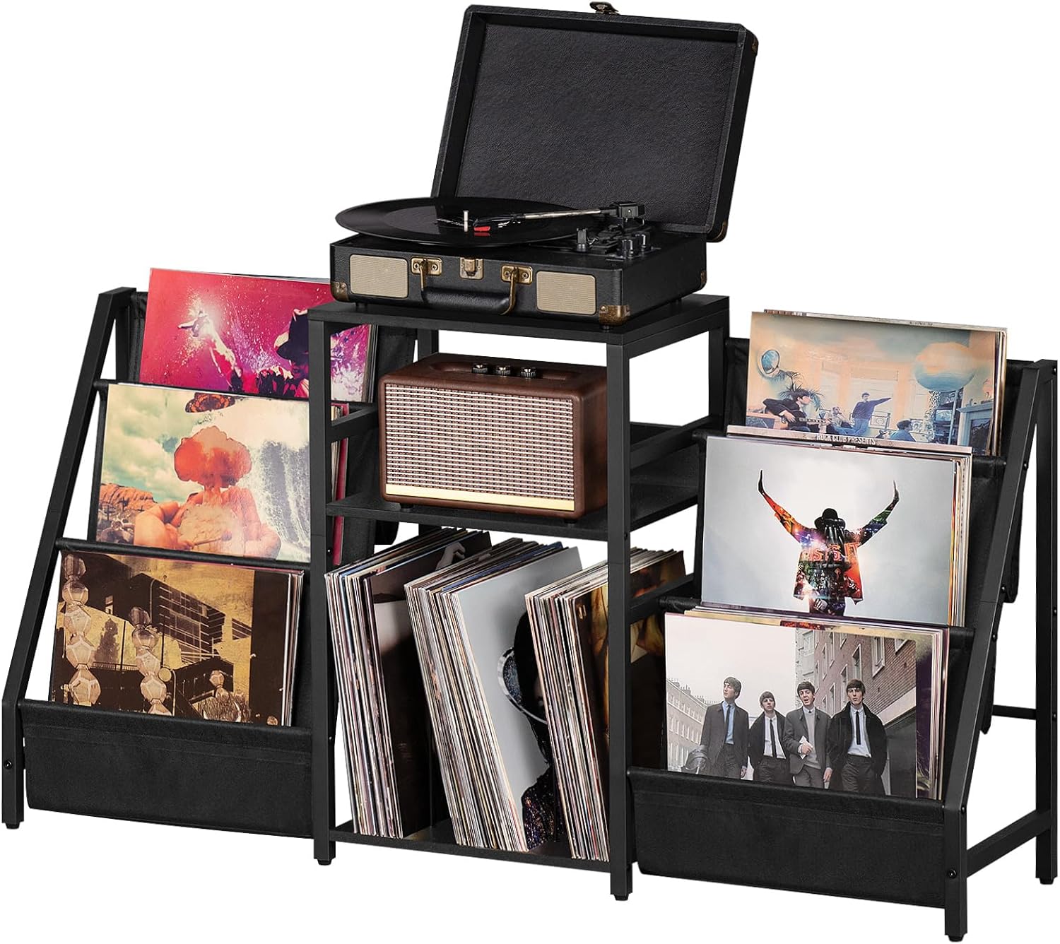 LELELINKY Black End Table,Record Player Stand with Vinyl Storage,3 Tier Side Table with Display Shelf Storage Up to 180 Albums, Large Record Holder for for Media Stereo Speaker, Amplifiers, Magazines