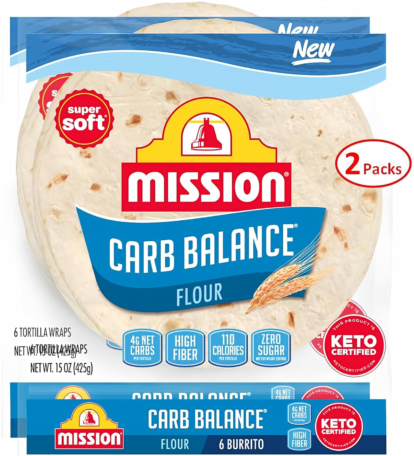 Mission Carb Balance Burrito 10" Flour Tortilla 2 Pack | 6 ct., 15 oz. | (12 Tortillas) | Low Carb, Keto Friendly | High Fiber, No Sugar