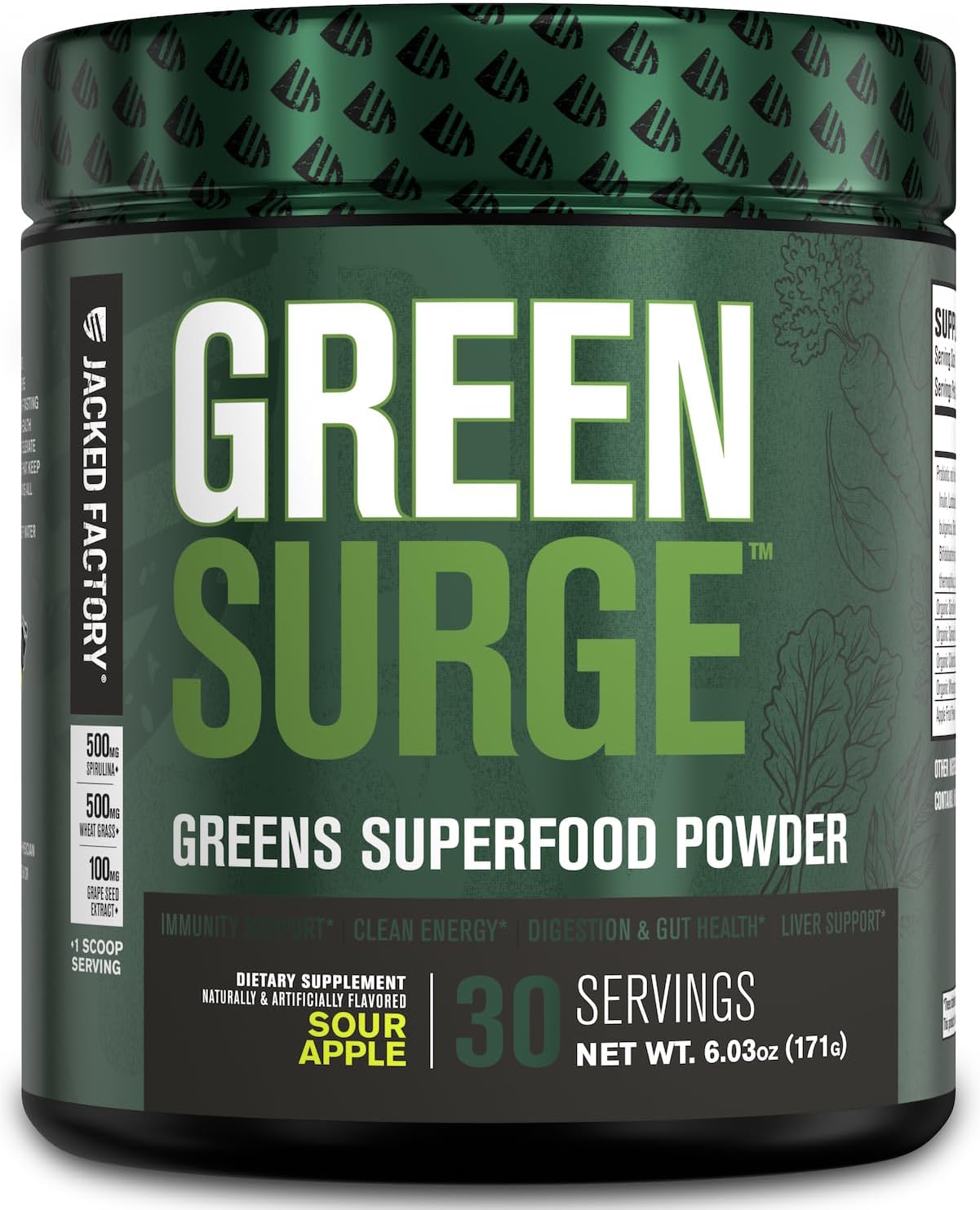 Jacked Factory Green Surge Green Superfood Powder- Keto Friendly Greens Drink w/Spirulina, Wheat & Barley Grass, Organic Greens - Green Tea Extract, Probiotics & Digestive Enzymes - Sour Apple