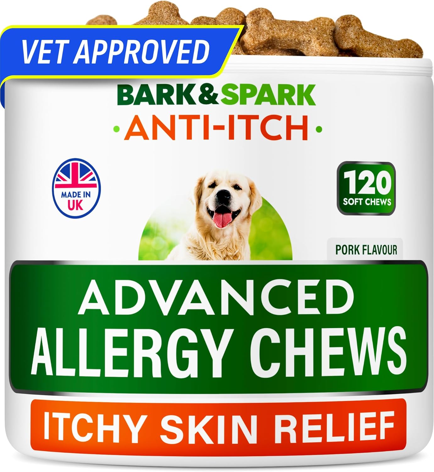 BARK&SPARK Dog Itch & Allergy Support Chews - Skin & Coat Supplement - Omega 3 Fish Oil -Itching & Paw Licking - Dry Skin & Hot Spots - 120ct - Pork