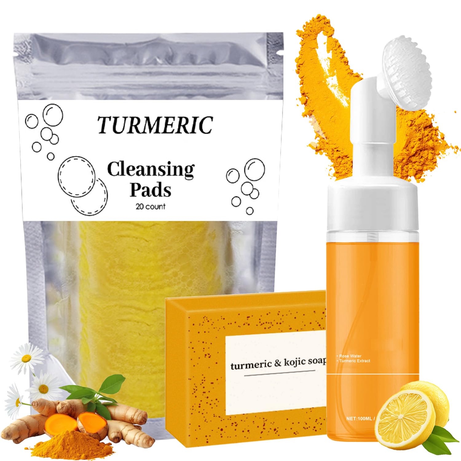 Turmeric Wash and Care Three Piece Set, Turmeric Trio: Facial Wash, Cleansing Mousse & Soap for Skin Care, Turmeric Cleansing Exfoliating Pads, TurmericFace Wash for Face & Body (1Set)