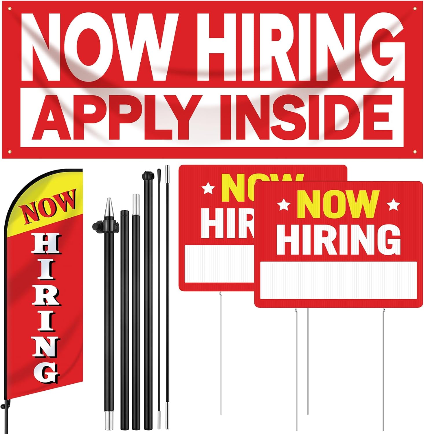 4 Pcs Feather Flag Set Include 2 Now Hiring Sign with Stake, 7 ft Now Hiring Feather Advertising Flag, Banner with Rope for Business Promotion
