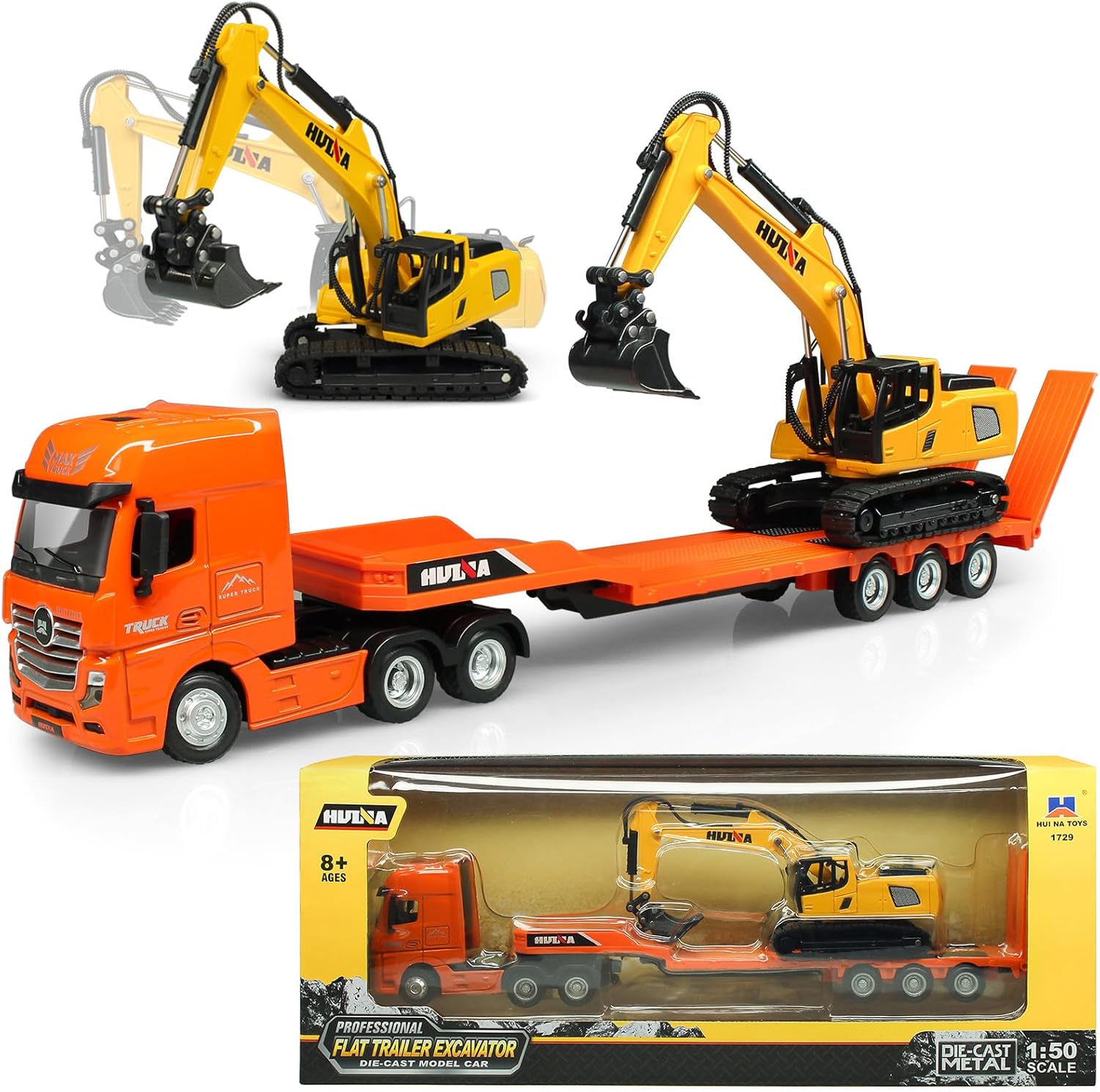 HUGMIE Kids Toys,1:50 Metal Truck with Digger,Construction Toys Vehicles,Boys Toys Tractor,Transporter Truck for Boys 35.5 x 5 x 6.5 cm