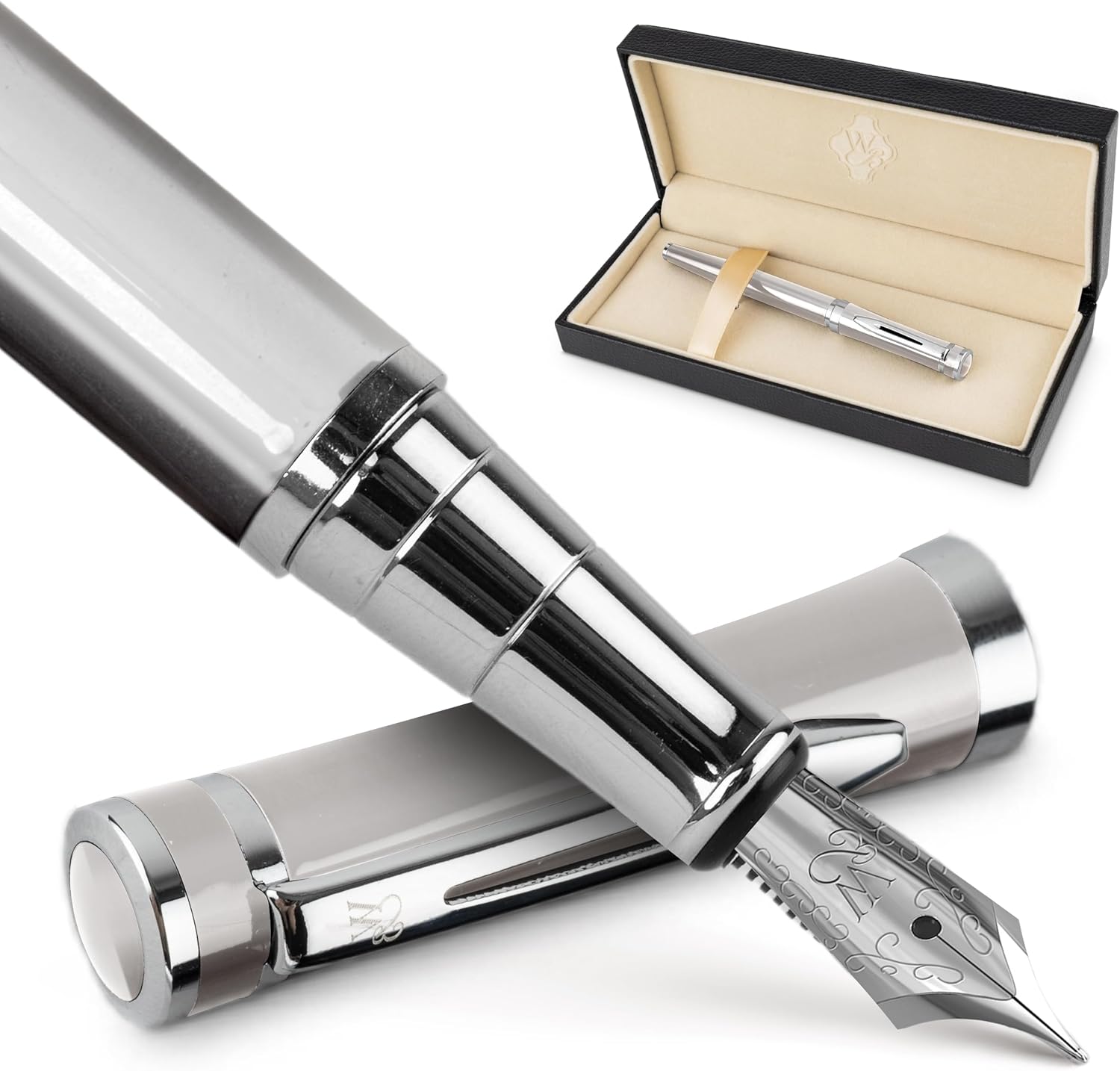 Wordsworth & Black Fountain Pen Set, Medium Nib, Includes 6 Ink Cartridges and Ink Refill Converter, Gift Case, Journaling, Calligraphy, Smooth Writing Pens [Silver Chrome], Perfect for Men and Women