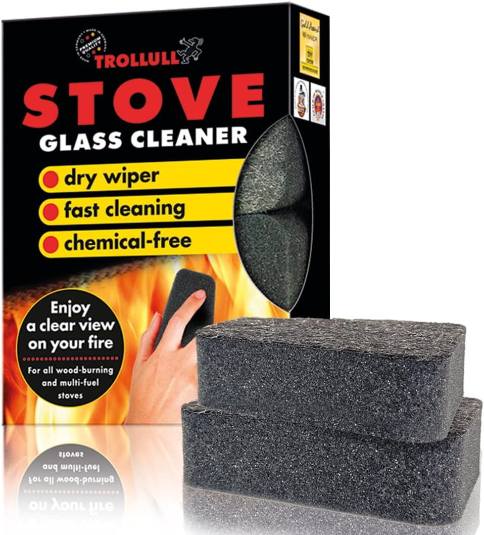 TROLLULL Stove Glass Cleaner for woodburning stoves and Burners, Sponge, Fireplace Cleaner, Glass pane Cleaner, 2 Pieces