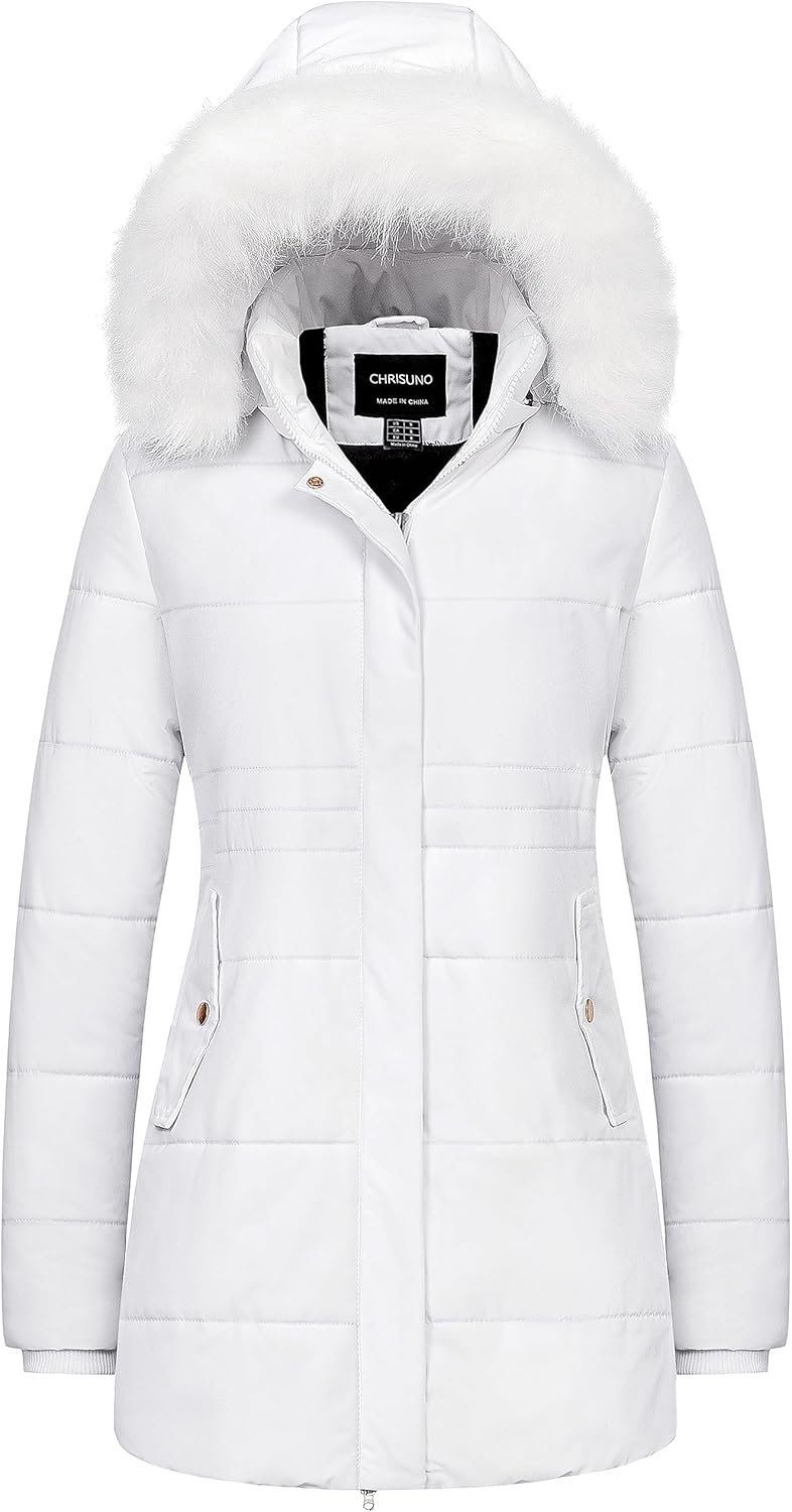 Chrisuno Women's Winter Warm Coats Puffer Jacket Long Drawstring Waterproof Snow Parka With Removable Faux Fur Trim Hood