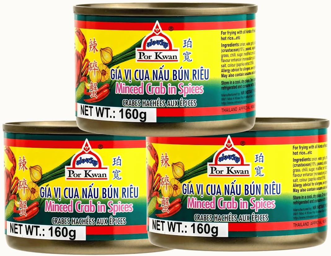 Por Kwan Minced Seafood in Spices | Minced Prawn & Crab Paste | Flavourful Seasoning for Cooking | 160g (Pack of 3) (Pack of 3, Minced Crab in Spices)