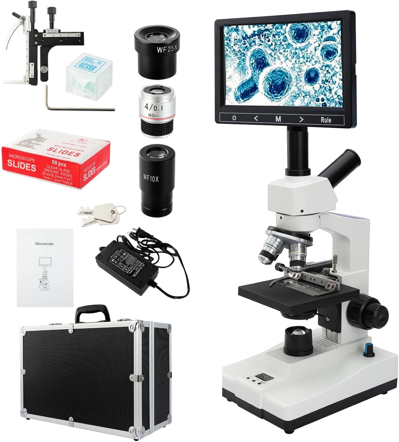 Lab Compound Monocular Microscope for Adults with Constant Temperature, Microscope with Screen, 40x-2500x Magnification, 7" LCD Screen, Lab Constant Temperature Equipment, Aluminum Carry Box
