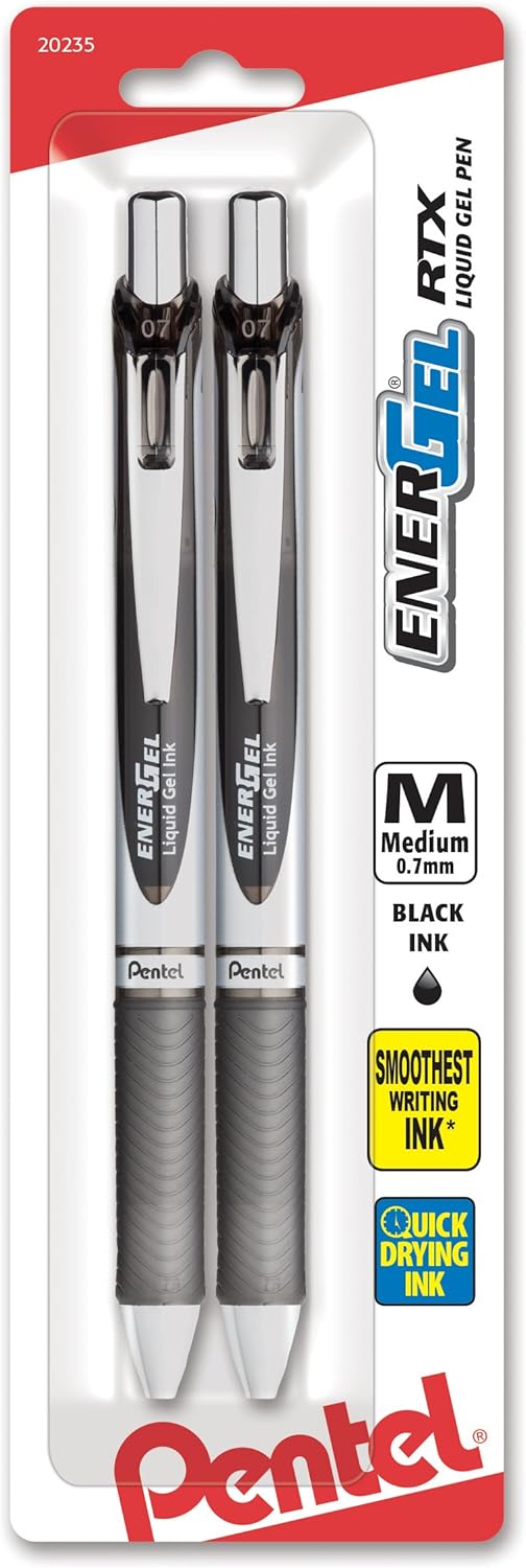 Pentel EnerGel RTX Retractable Liquid Gel Pen, (0.7mm), Medium Line, Metal Tip, Black Ink, Pack of 2 (BL77BP2A)