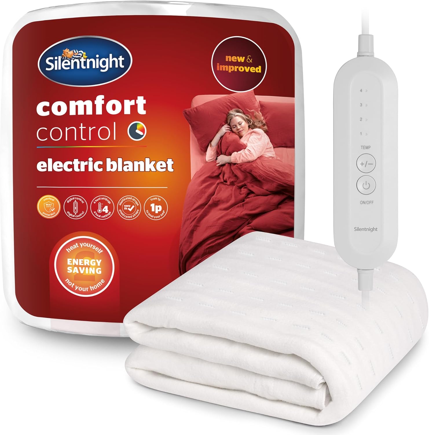 Silentnight Comfort Control Electric Blanket Double Bed - Heated Underblanket with 4 Heat Settings - Fast Heat Up - Overheat Protection and Easy Fit Straps - Machine Washable - Double - 135x120cm