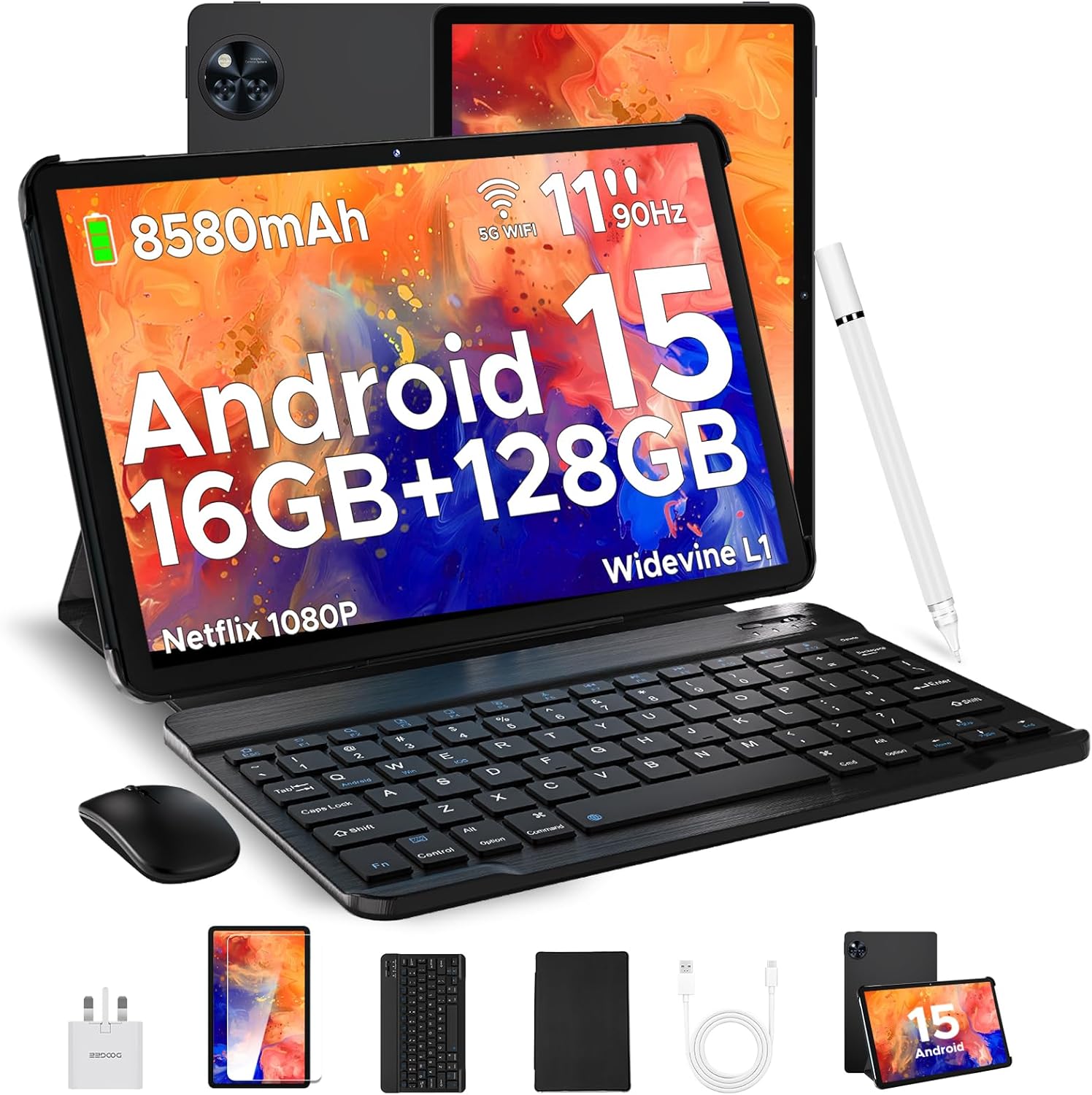DOOGEE U11 Android 15 Tablet with Keyboard, 16GB RAM 128GB ROM(TF 2TB), 8580mAh Battery, Octa-Core Android Tablets 11 Inch, Widevine L1, 3.5mm Jack, 5G WiFi Tablet with Pen, Mouse & Case - Black