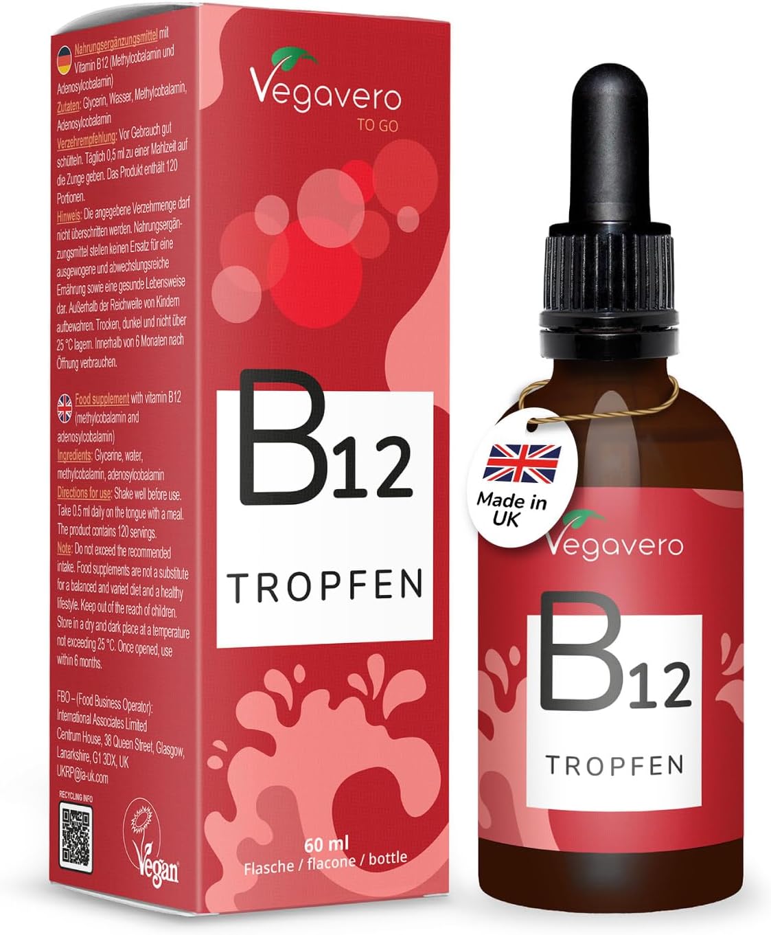 Vegavero Vitamin B12 Liquid | 60 ml (4 Month Supply) | NO Additives, Lab-Tested | Sublingual Vitamins B12 Methylcobalamin & Adenosylcobalamin | Made in UK | Vegan