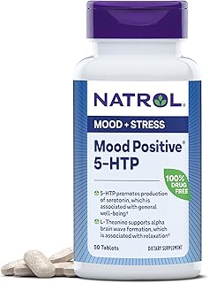 Natrol Mood Positive 5-HTP 50mg With L-Theanine, Vitamin B6, Vitamin B12 and Folate, Dietary Supplement Helps Support a Positive Mood, 50 Tablets, 25-50 Day Supply