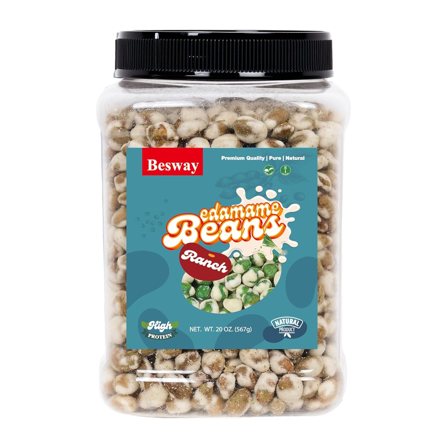 Besway Ranch Flavor Dry Roasted Edamame 20 oz, High Protein Crunchy Snack, Non-GMO, Vegan, Gluten-Free, Transparent Plastic Jar 566 g (20 oz, Ranch)