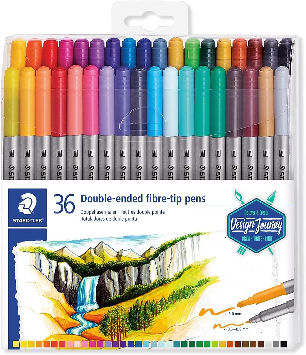 STAEDTLER 3200 TB36 Design Journey Double-Ended Fibre-Tip Pens with Thin & Wide Nibs - Assorted Colours (Pack of 36)