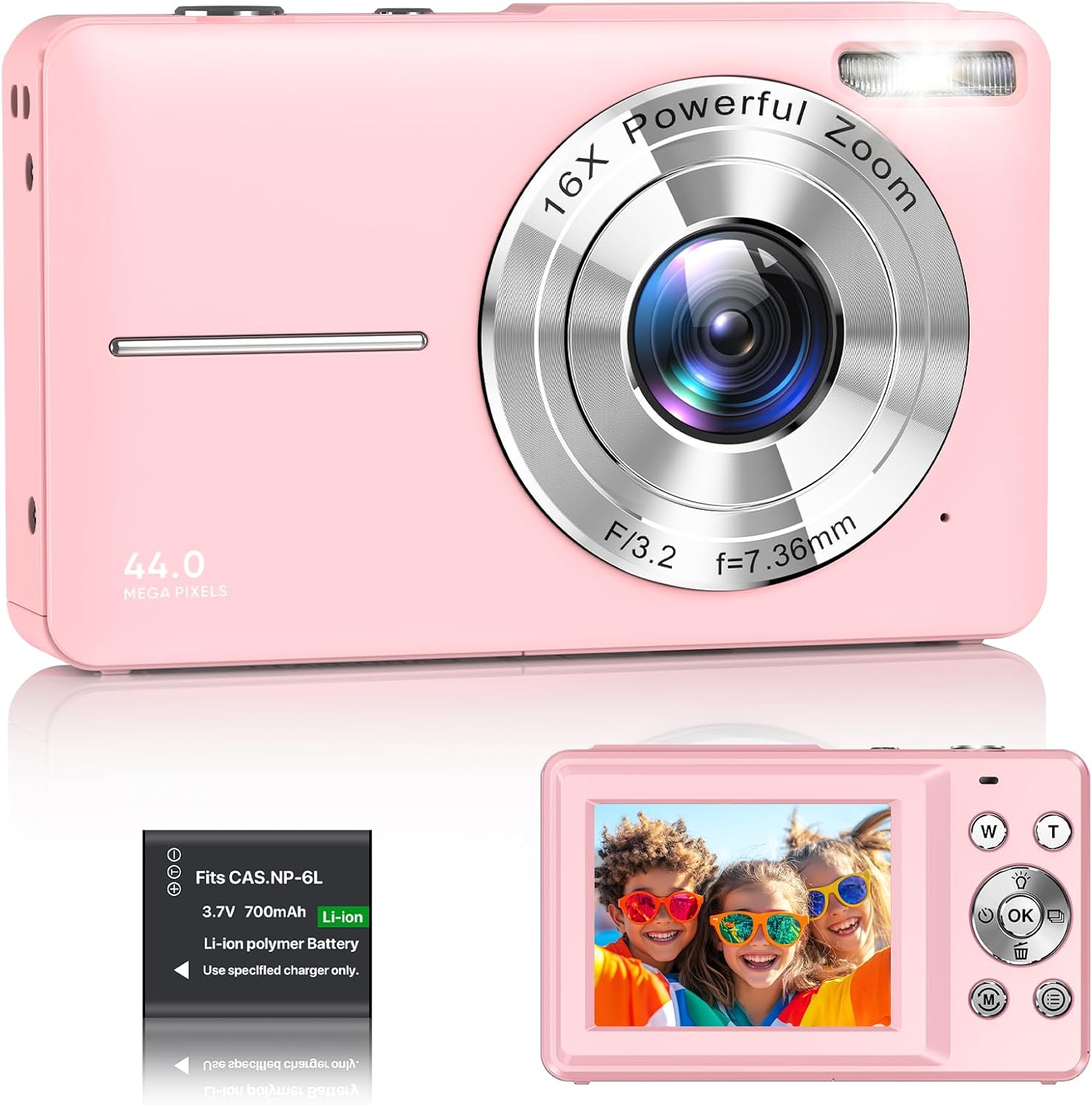 Digital Camera 1080P FHD Compact Digital Camera 44MP Portable Mini Small Photo Camera with 2.4" LCD Screen, 16X Digital Zoom and 1 Battery Vlogging Camera for Kids, Girls, Boys-Pink (No SD Card)