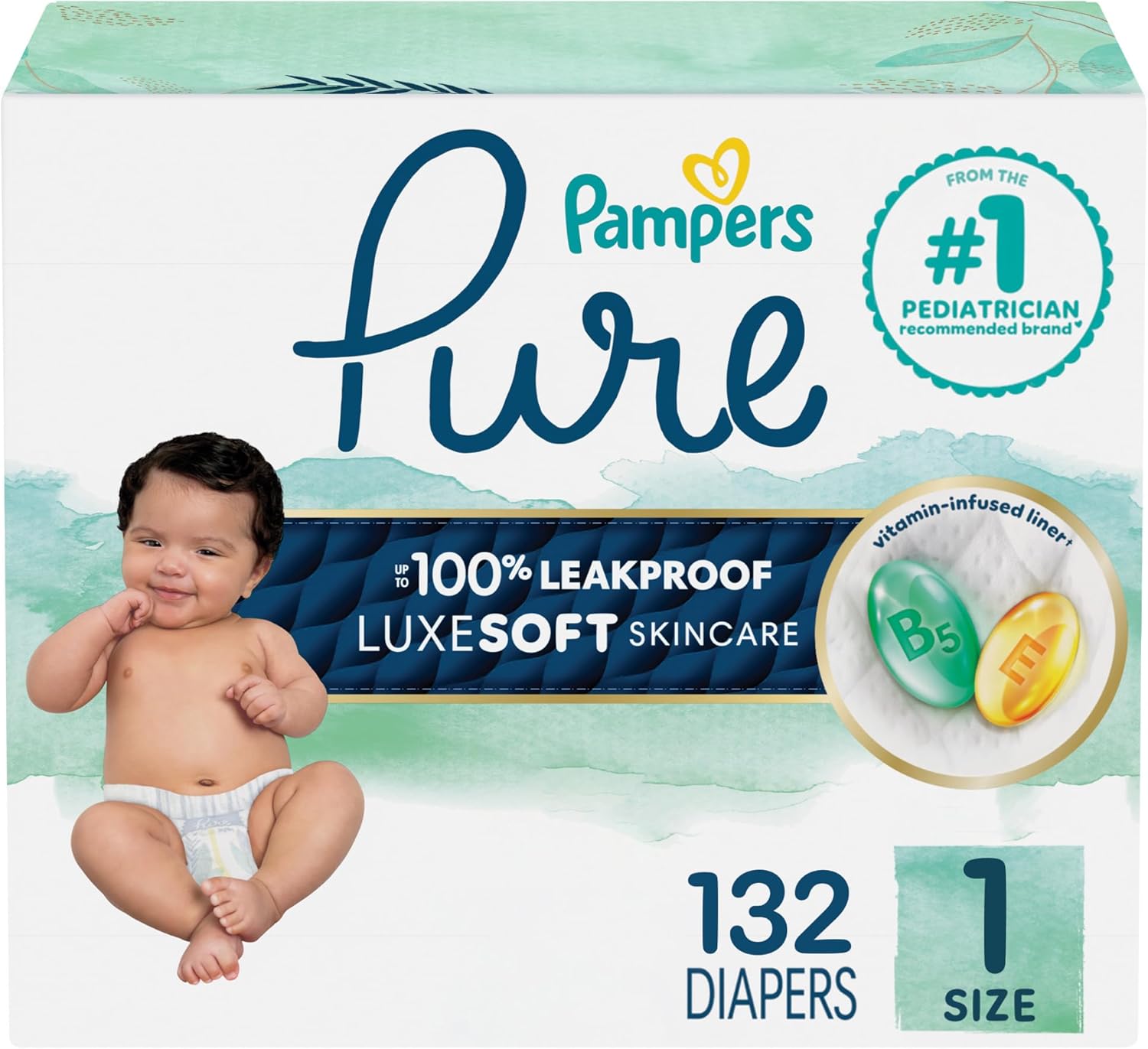 Pampers Pure Protection Baby Diapers, Size 1 (8-14 lbs), 132 Count, Up to 100% Leakproof, Premium Plant-based Skin Protection, Hypoallergenic Soft Diapers