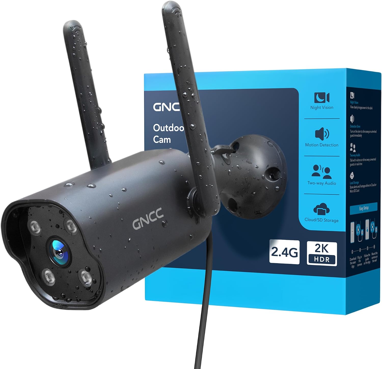 GNCC 2K Outdoor CCTV Camera, Home Security Camera with Night Vision, 110° View, IP65 Weatherproof, AI Motion Detection, Siren Alarm, 2-Way Audio, Work with Alexa & Google Home, 2.4GHz WiFi, Cloud&SD