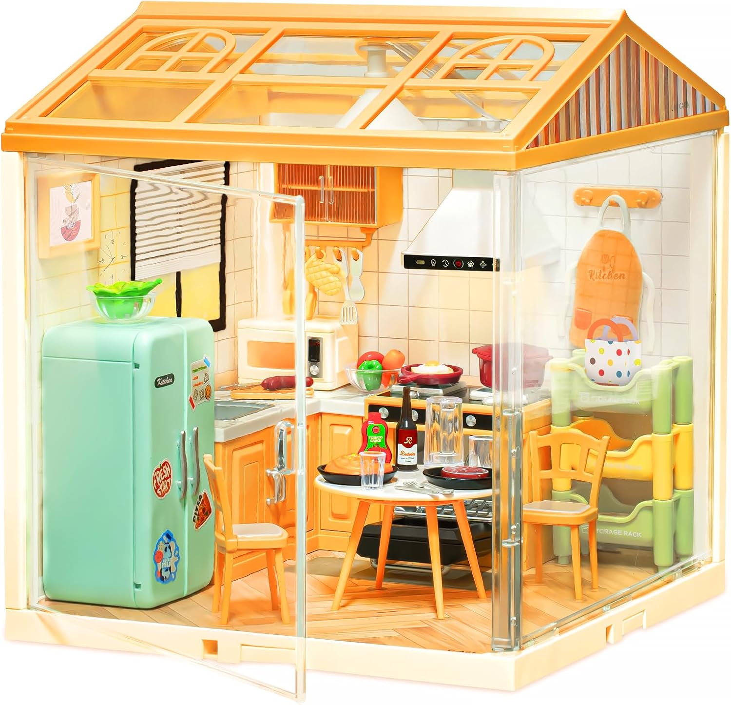 Larger DIY Miniature House Kit, Miniature Dollhouse Kit with Roof & 2 Doors for Adults to Build, Mini House Building Kit with LED, Halloween/Christmas Decorations/Gifts for Teens(Happy Meals Kitchen)