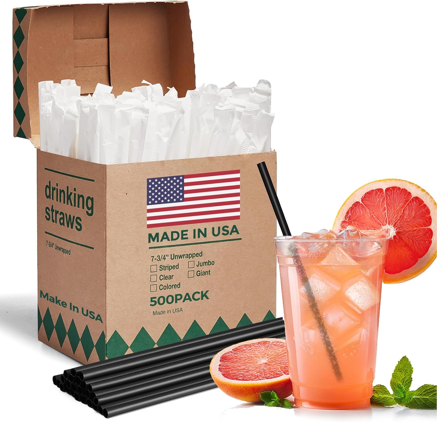 Glotoch Express 500 PCS Individually Wrapped Black Plastic Straws, 7.75'' Long, 0.24'' Diameter Disposable Drinking Straws for Every Occasion, Party, Made in USA