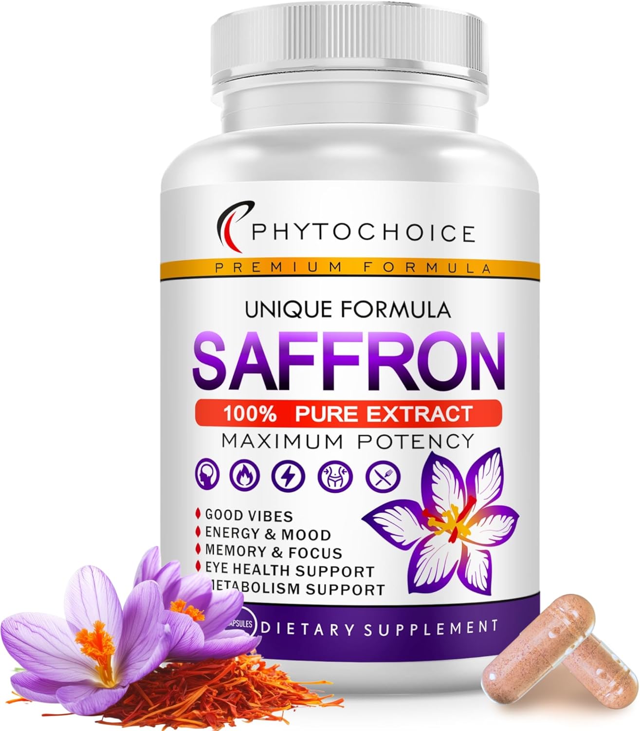 Saffron Supplements - 100% Pure Saffron Extract Capsules - Boost Energy & Mood, Support Eye & Heart Health, Focus, Vision - Pure Saffron Extract 88.5 mg - Made in USA for Women & Men - 60 Capsules