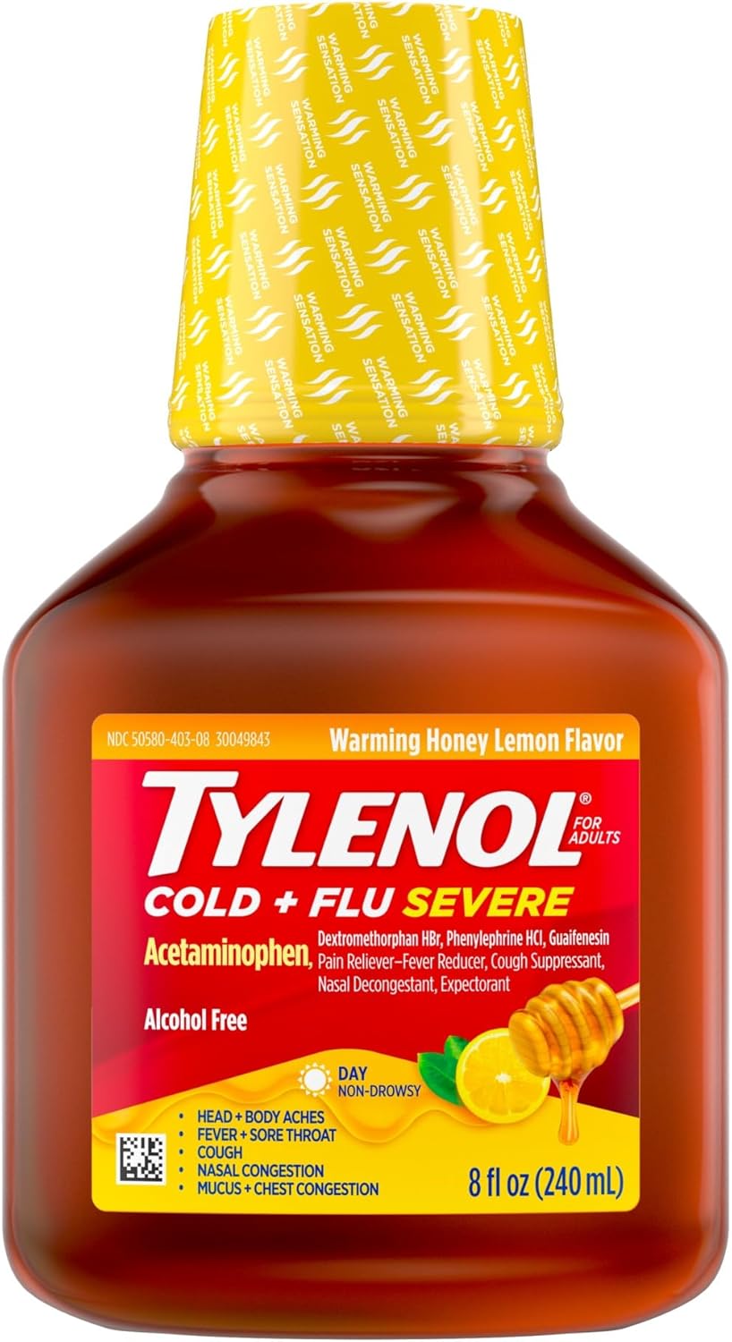 Tylenol Cold + Flu Severe Medicine w/Acetaminophen, DextromethorphanHBr, Guaifenesin, PhenylephrineHCI, Liquid Daytime Cold/Fever & Chest Congestion Relief, Warming Honey Lemon, 8 Fl. Oz
