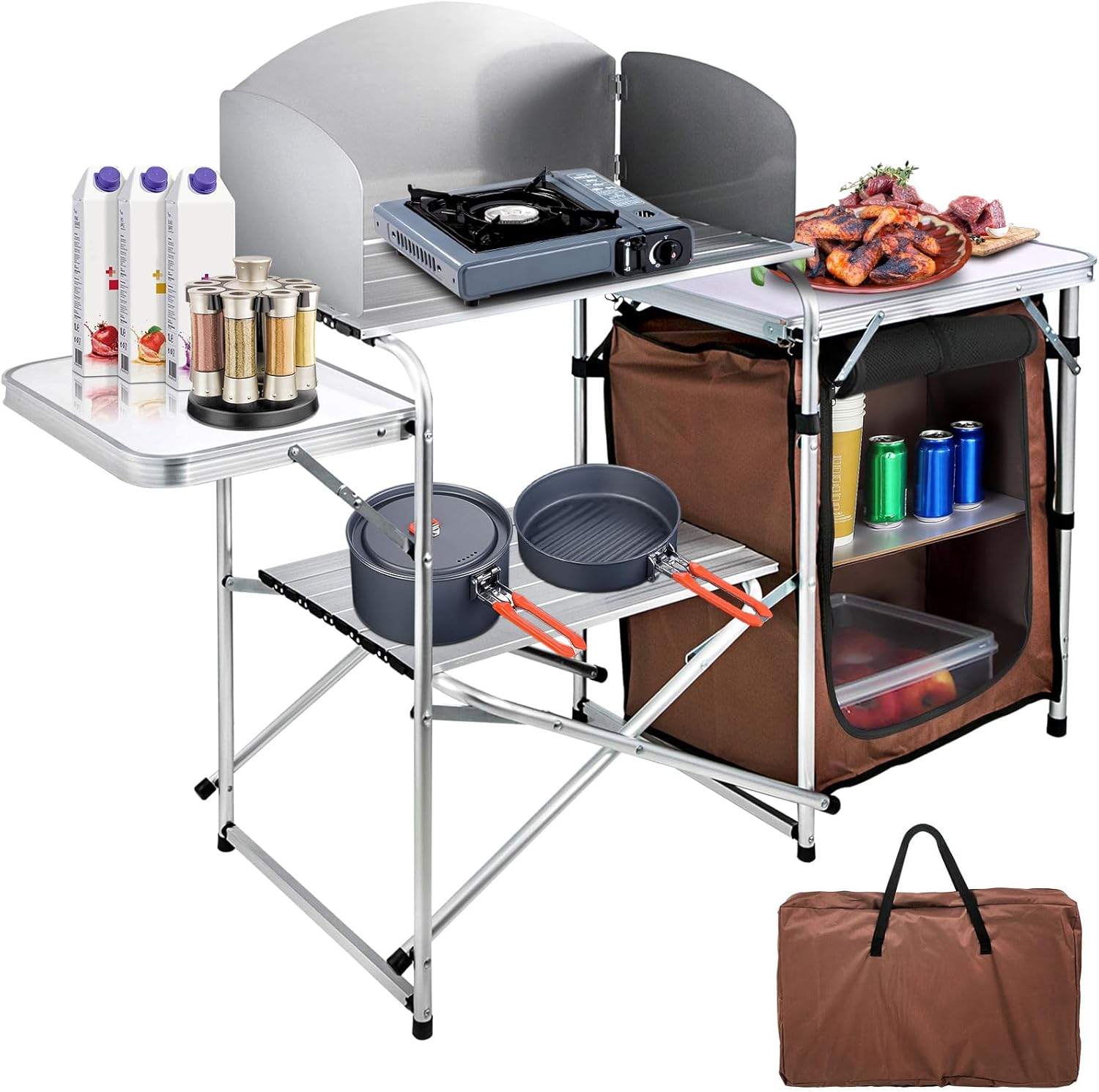 VEVOR Camping Kitchen Table, Aluminum Portable Folding Camp Cook Station with Windscreen, Cupboard, Storage Organizer, Carrying Bag, Quick Installation for Outdoor Picnic Beach BBQ RV Traveling, Brown
