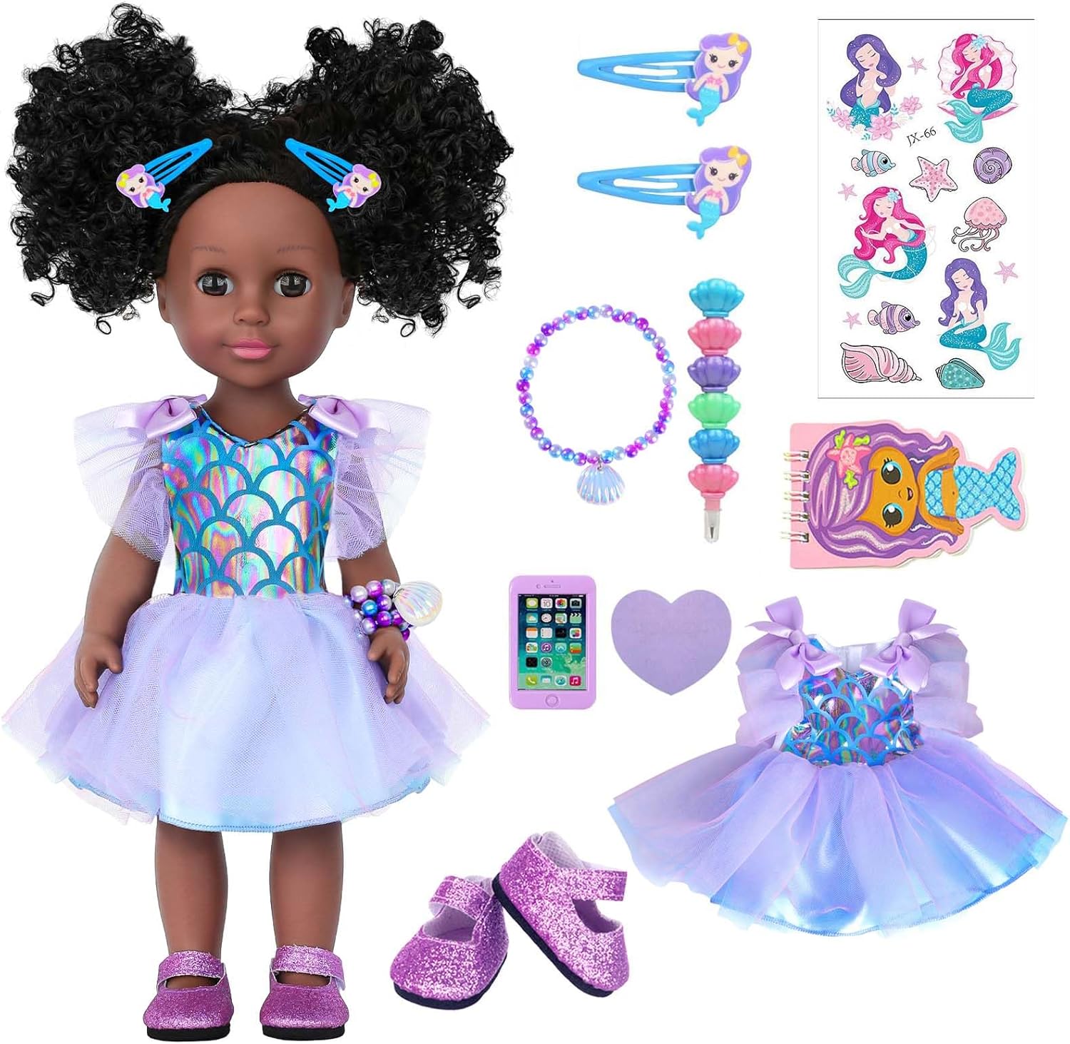 14.5 Inch Black Dolls Realistic Baby Doll Clothes and Accessories,Silicone African Baby Doll with Doll Princess Deep Sea Theme Dress Best Gift for Girls Kids