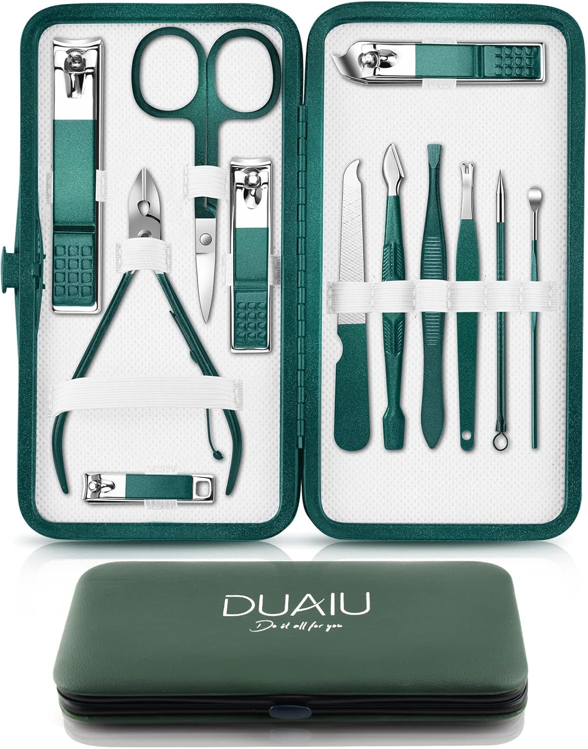 Nail Clippers Manicure Set DUAIU 12PCs Professional Nail Clipper Set Stainless Steel Pedicure Kit for Men Women Nail Care Tools Grooming Kit with Travel Case (Green)