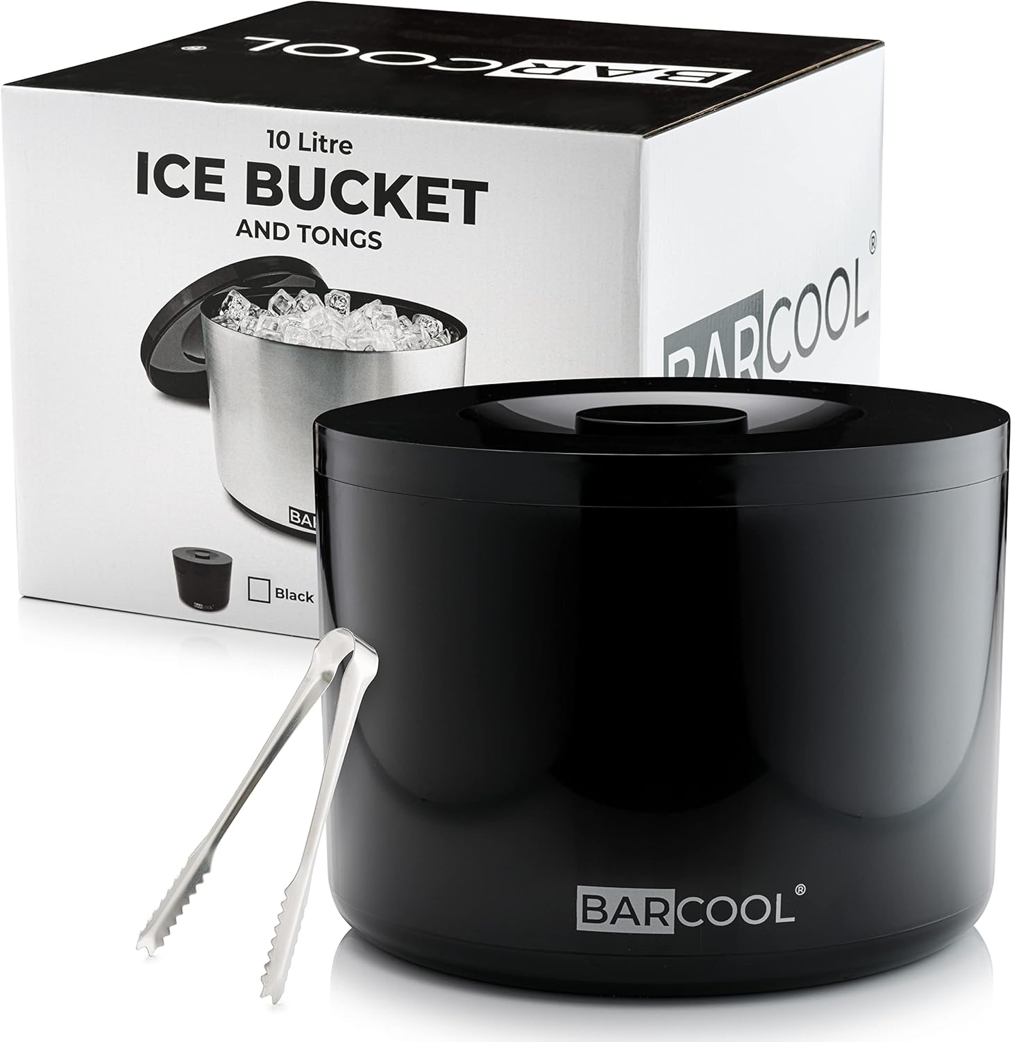 Barcool Ice Bucket with Lid and Ice Tongs | 10 Litre | Round & Double Walled Insulation | Perfect for Home Bars, Pubs, Restaurants, BBQs and Picnics (Black)