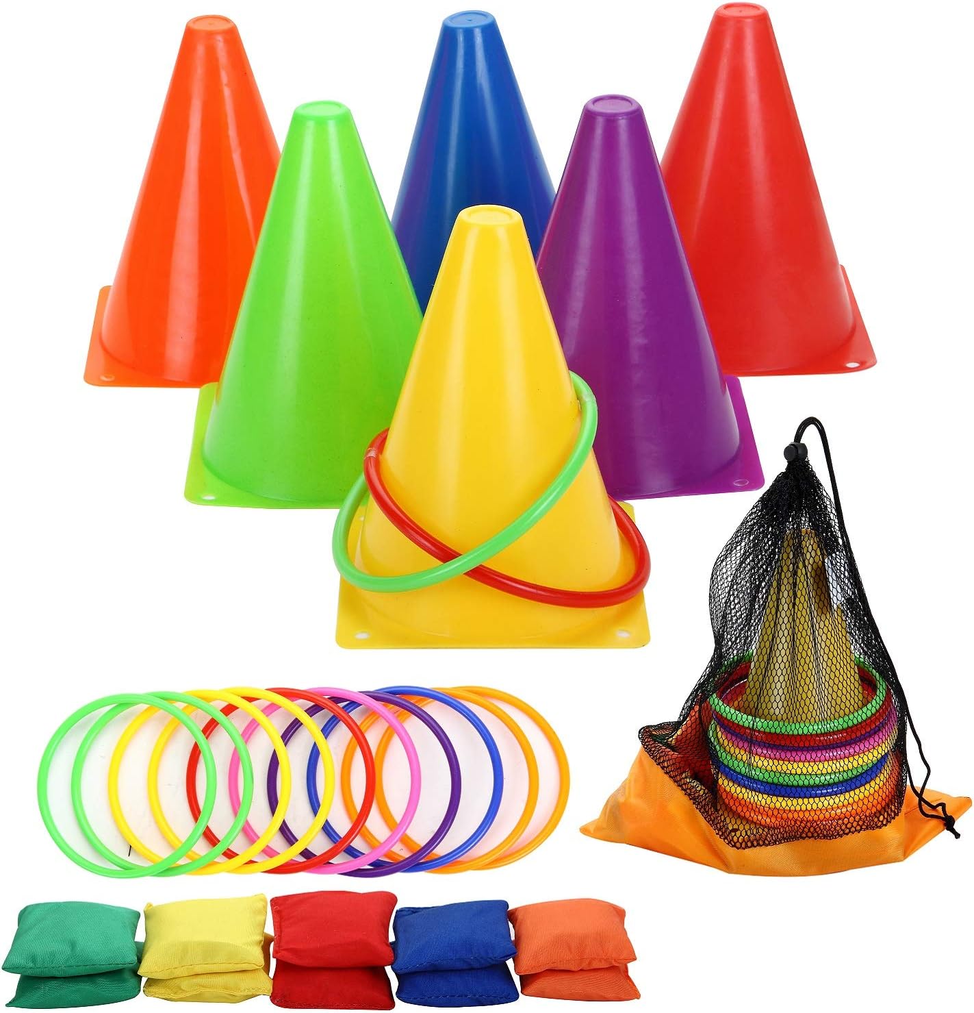 3 in 1 Carnival Outdoor,Combo Games Set,Soft Plastic Cones,Cornhole Bean Bags,Ring Toss Game,Kids Birthday Party Outdoor Games Supplies 26 Piece Set