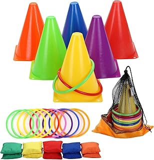 3 in 1 Carnival Outdoor,Combo Games Set,Soft Plastic Cones,Cornhole Bean Bags,Ring Toss Game,Kids Birthday Party Outdoor Games Supplies 26 Piece Set